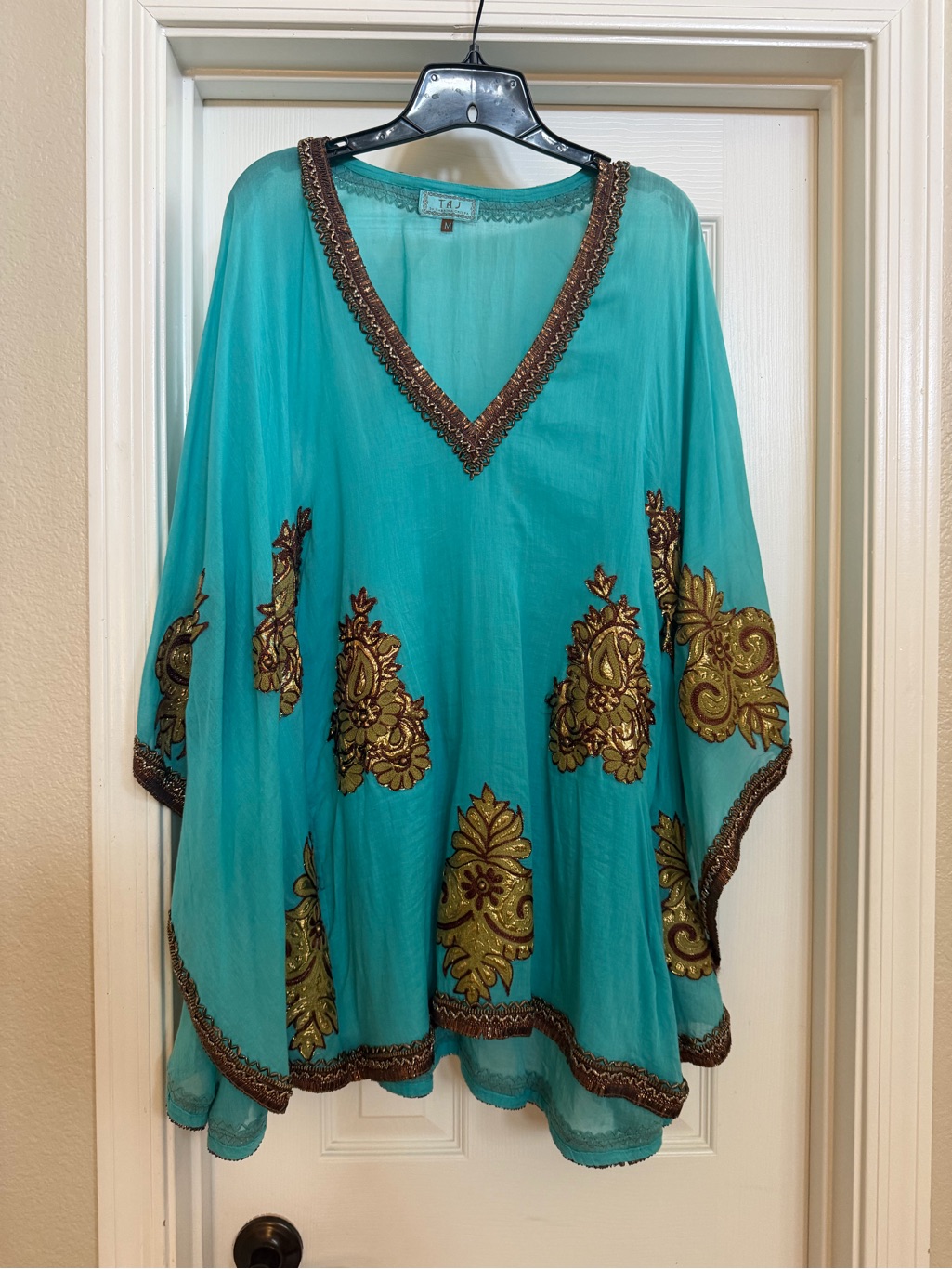 Taj By Sabrina Crippa Turquoise Tunic With Gold And Brown Embellishment